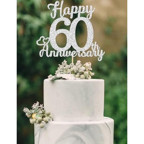 60th Anniversary Cake Toppers -SILVER 60th Wedding Anniversary Decorations,Happy 60th anniversary cake topper, 60th Anniversary Party Decorations Double Sided Glitter Sixty