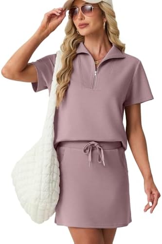GRECERELLE Womens Summer 2 Piece Skort Set Half Zip Short Sleeve Top & Pocketed Tennis Skirt For Sports & Vacations.