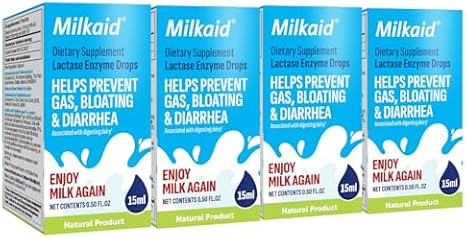 Milkaid Lactase Enzyme Drops for Lactose Intolerance | Prevents Gas, Bloating & Diarrhea | Fast Acting Dairy Digestive Supplement | Gluten Free & Vegetarian | No Artificial Flavor | 0.5 Fl Oz (4)