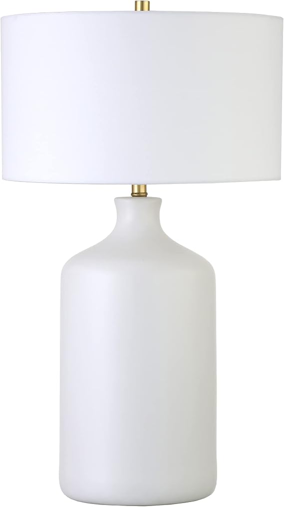 Henn&Hart 29" Transitional 1-Light Table Lamp with White Fabric Drum Shade for Living Room, Bedroom, or Office, Flat White