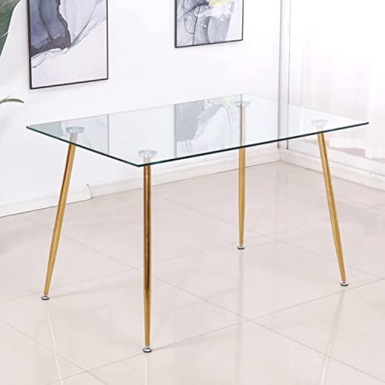 Glass Rectangle Dining Table with Gold Legs, 47 Inch Modern Kitchen Table Rectangular, Dining Room Table Basic Rectangle