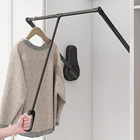 Down Wardrobe RailLiftable Pull Down Closet Rod System, 26 lbs Load Capacity Wardrobe Rail Lift Clothes Hanger Clothing Finishing Rack Ergonomic Handle, Space Saving (Black 650to850mm)