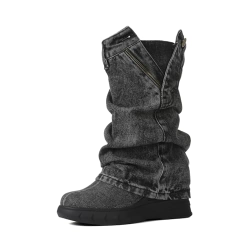 AMINUGAL Denim Mid Calf Boots for Women Round Toe Fold Over Zipper Closure Bootie Zipped Side Wedge Heel Boot Fashion Party Biker Boots