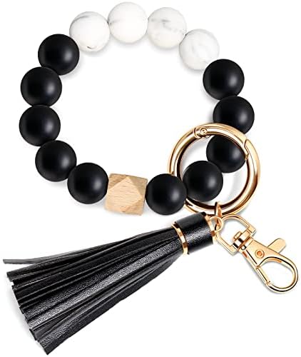 UpUDo Keychain Bracelet Wristlet, Silicone Beaded Key Ring Bracelet with Card Wallet, Elastic Keyring Bangle for Womens