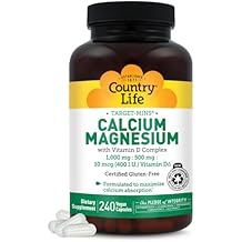 Country Life Target-Mins Calcium Magnesium with Vitamin D-Complex, 1000mg/500mg/10mcg, 240 Vegan Capsules, Certified Gluten Free, Certified Vegan