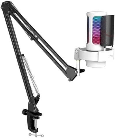 FIFINE Gaming Microphone and Arm Stand Bundle,RGB USB Condenser Mic with Headphone Jack,Light Control for Live Streaming,Metal Boom Arm with Heavy Duty Clamp for Podcasting Recording(A8W+CS1)