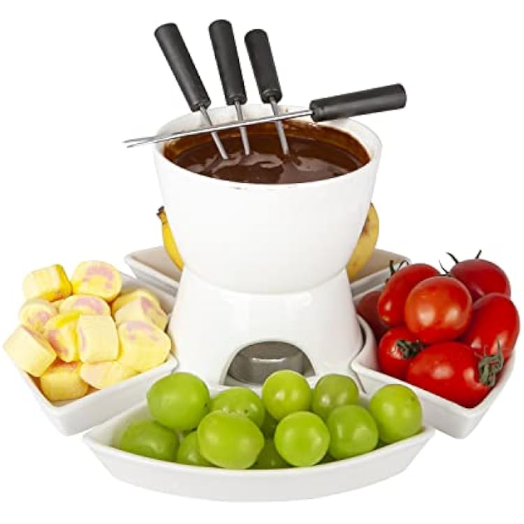 Fondue Set with 4 Dipping Bowls and 4 Forks, Ceramic Fondue Kit Premium Tea Light Porcelain Melting Pot for Cheese, Chocolate and Tapas