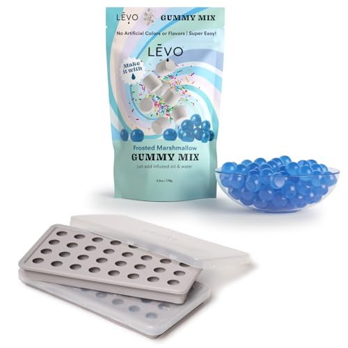 LEVO Gummy Bundle - Frosted Marshmallow Gummy Mix & Silicone Molds - Makes 64 Infused Gummies - Includes 1 Pack Gummy Mix and 2 Non-Stick Silicone Trays with Dry-Erase Lids