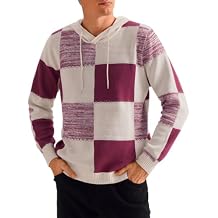 Mens Fashion Pullover Sweater Hoodies, Color Block Checkered Knit Hooded Sweatshirt, Casual Fall Outfits Going Out
