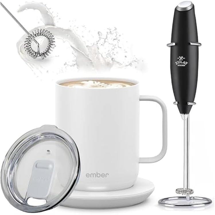Ember Temperature Control Smart Mug 2, 10 oz with Clear Lid, Zulay Milk Frother and Signature Series Cloth