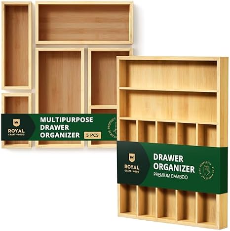 Luxury Bamboo Kitchen Drawer Organizer and Storage Box 5pcs