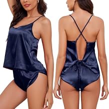Satin Pajama for Women 2 Piece Lingerie Sets Silk Pj Cami Back Straps Top and Shorts Lounge Set