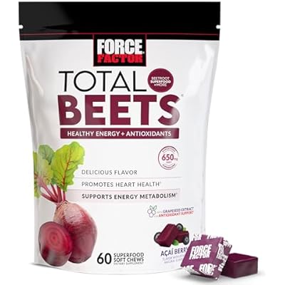 Force Factor Total Beets Soft Chews with Beetroot, Nitrates, L-Citrulline, Grapeseed Extract, and Antioxidants, Healthy Energy Supplement with Elite Ingredients, Heart Health Superfood, 60 Chews