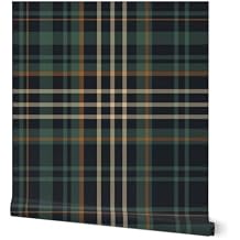 Peel & Stick Wallpaper 3ft x 2ft - Dark Green Check Rustic Cabin Autumn Plaid Cozy Fall Forest Teal Blue Custom Removable Wallpaper by Spoonflower