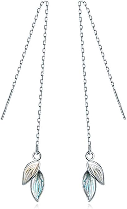 Reffeer Solid 925 Sterling Silver Leaf Chain Dangle Earrings for Women Teen Girls Leaf Dangle Drop Earrings Threader Tassel