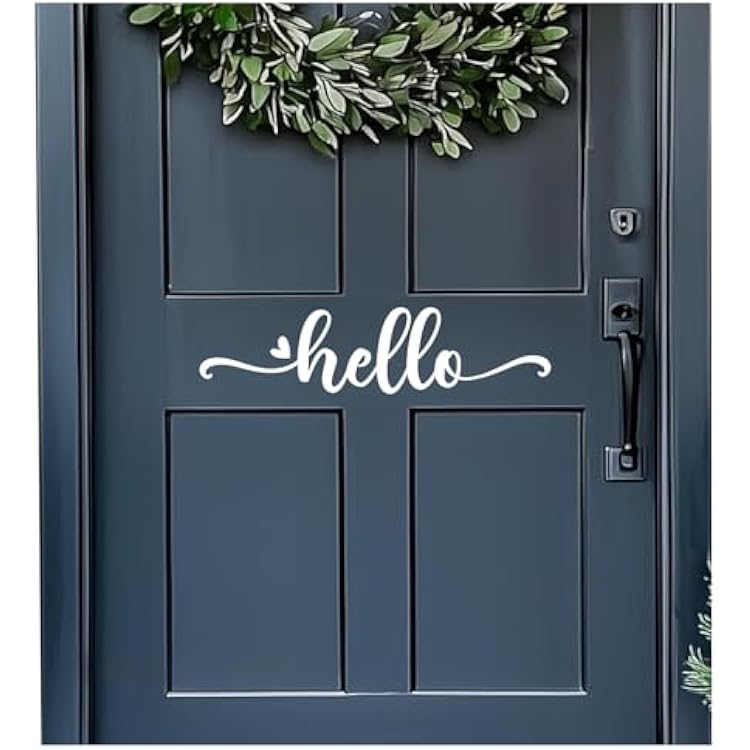 Hello Door Decal White Vinyl Front Door Sticker Hello Greeting Wall Quote Housewarming Gift, 3.4 x 13.8 Inch