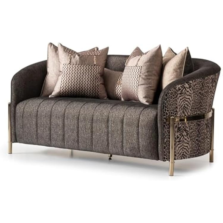 MICHAEL AMINI Lisbon Upholstered Chenille & Metal Loveseat in Onyx and Gold