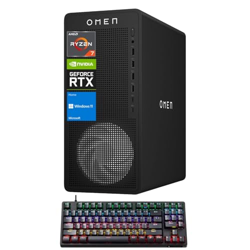 HP OMEN 16L Gaming Desktop, AMD Ryzen 7 8700F Beats Intel i7-14700F, NVIDIA RTX 5060, 32GB DDR5 RAM, 1TB SSD, W11H, Music Production Workstation, Bundle with Thunderobot KG3089R Gaming KB