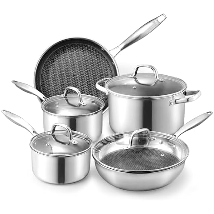 CAROTE Tri-Ply Stainless Steel Nonstick Cookware Set, 9Pcs Stainless Steel Pots and Pans Set Non Stick Fast Heating with Tempered Glass Lids, Stay-Cool Handles, Dishwasher and Oven Safe up to 500F