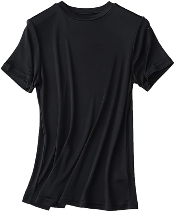 Women's Silk T Shirts Mock Neck Short Sleeve Tee Shirt Breathable Loose Fit Basic Tops for Women