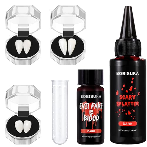 BOBISUKA Halloween Vampire Teeth Fake Blood Makeup Kit, Special Effects SFX Makeup Set 3 Pairs Vampire Fangs  2Pcs Realistic Washable Fake Blood for Halloween, Vampire, Cosplay, Costume Party
