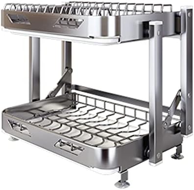 Over The Sink Dish Drying Rack - Adjustable Large 304 SS Foldable Dish Rack With Drain Board Utensil Cutting Board Holders(2 Layer 42x35cm)