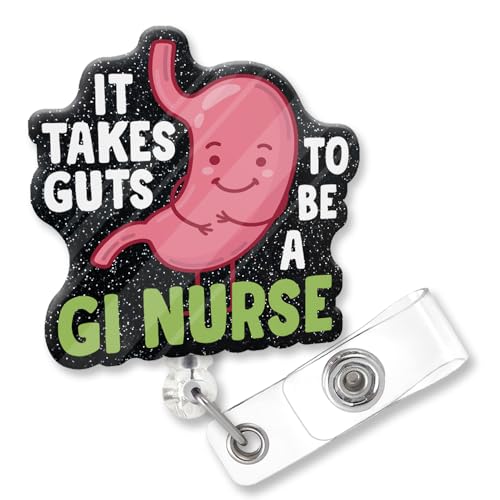 It Takes Guts to Be a Gi Nurse Funny Black Glitter Badge Reel Retractable with Metal Shark Clip, Cute Badge Holder for Doctor Nurse Gastroenterology Gastrointestinal Technician