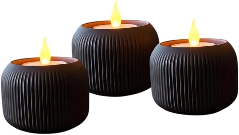 Tealight Candle Holders Set, Black Ribbed Design, Modern Home Decor, Set of 3