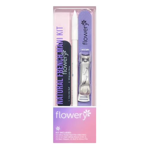 Flowery Natural French Manicure Kit with Nail Clipper, File, Buff & Shine Block, White Pencil DIY Home Nail Care Kit for Women and Men
