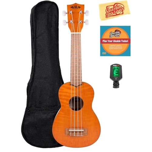 Kala KA-SEM Exotic Mahogany Soprano Ukulele Bundle with Gig Bag, Tuner, Austin Bazaar Instructional DVD, and Polishing Cloth