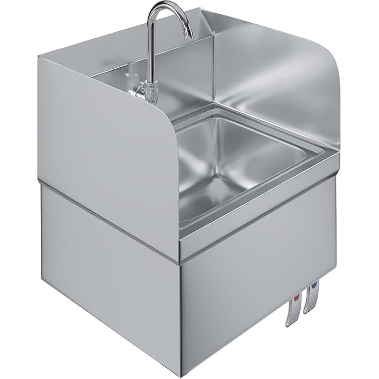 Stainless Steel Hands-Free Wall-Mounted Hand Sink 17 x 15 with Knee Pedals, Faucet & Side Splash Guards NSF Certified