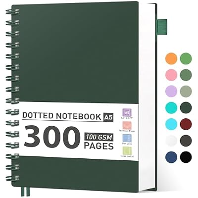 AHGXG Bullet Dotted Journal Spiral Notebook, 300 Pages Dotted Notebook Thick Journal, A5 Dot Grid Notebook, 100GSM Thick Paper, Plastic Hardcover, with Journal Stencils, 5.7 x 8.3, Black Green