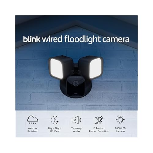 Blink Wired Floodlight Camera - Smart security camera, 2600 lumens, HD live view, enhanced motion detection, built-in siren, Works with Alexa 1 camera (Black)