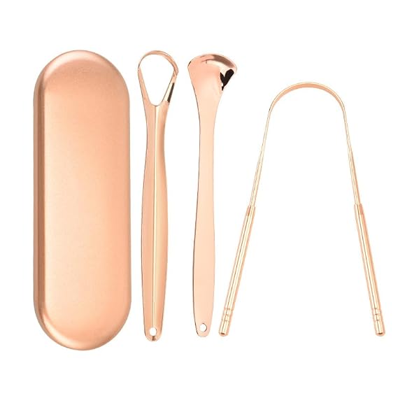 Metal Tongue Scrapers, 3 Piece Set Stainless Steel Tongue Scrapers with Storage/Travel Case - Oral Hygiene Metal Tongue Cleaners (Rose Gold)