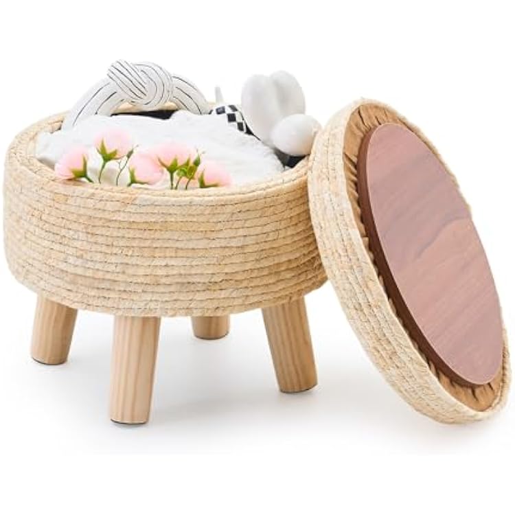 Cpintltr Storage Ottoman Poufs Handwoven Footstool Natural Seagrass Round Footrest Stool with 4 Wood Legs Soft Padded Outdoor Seat for Hallway Lounge Bedroom Garden