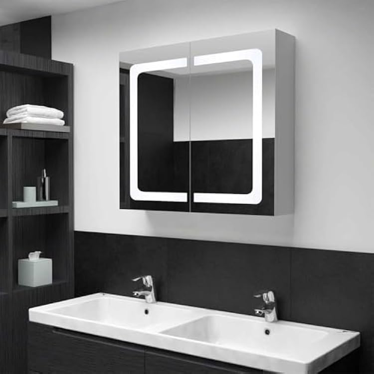 Tidyard Bathroom Mirror Cabinet, LED Illuminated Wall Mounted Storage with Adjustable Shelves, 31.5 x 31.5 x 4.8 Inches, MDF and Glass for Modern Bathroom