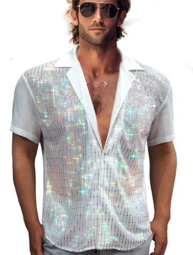Mens Mesh Sequins See Through 70s Disco Long Sleeve Button Down Shirts