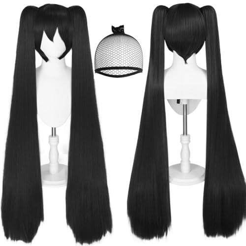 ANOGOL Hair Cap48inch Black Wig Double Ponytails Wigs Long Straight Clip-on Ponytails Cosplay Wig with Bangs for Anime Costume Women Girls Dress Up Black Costume Party Wigs Halloween Black Hair