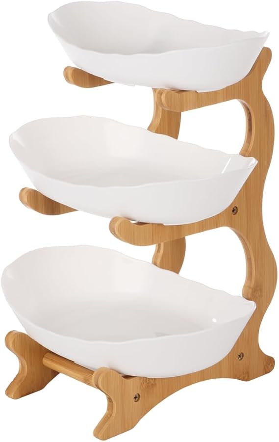 Fruit Basket For Kitchen, 3-Tier Fruit Bowl With Stand, Large Fruit Basket For Kitchen, Plastic Fruit Bowls With Bamboo Stand, Oval Serving Bowls With Wood Rack For Sushi, Candies, Desserts