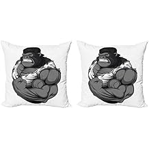 Ambesonne Cartoon Decorative Throw Pillow Case Pack of 2, Image of Big Gorilla Like as Professional Athlete Bodybuilding Gym Animal, Couch Bedroom Living Room Cushion Cover, 20", Black White Grey