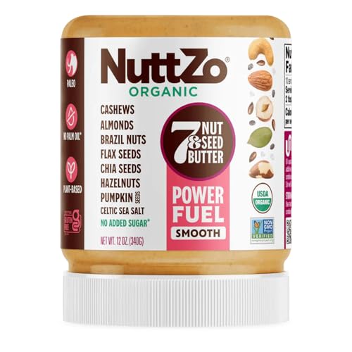 NuttZo Organic Power Fuel 7 Nuts and Seeds Butter, Smooth, Paleo and Keto Friendly, Peanut and Gluten Free, Vegan, Kosher, No Added Sugar or Oil, 12 oz Jar