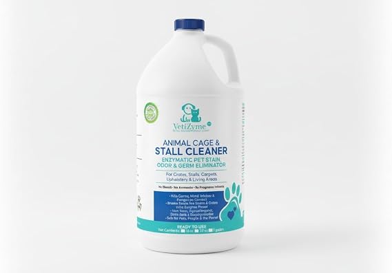 VetiZyme Animal Cage & Stall Cleaner Natural Enzyme Cleaner & Odor Eliminator Sanitizes, Disinfects & Remove Germs, Bacteria, Mold & Mildew Non Toxic, Safe for Pets, Livestock & Facilities