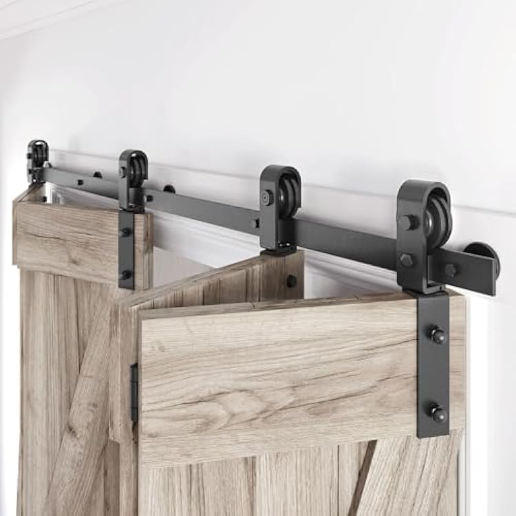 88 Bifold Sliding Barn Door Hardware Track Kit,Side Mounted Black J Shape Roller,Smoothly and Quietly,Assembly Easy,Fit Four 21 Bi-Folding Doors Door Not Included
