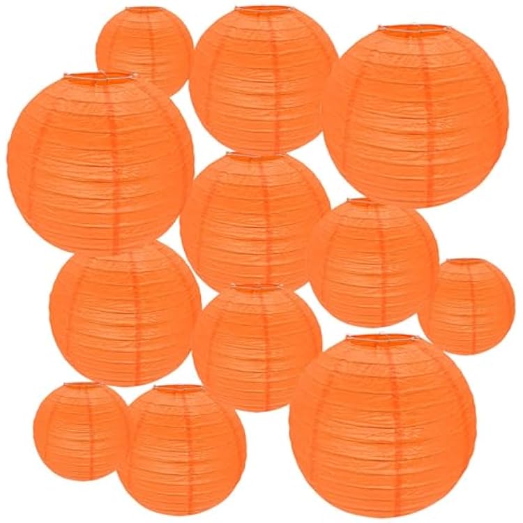 12Pcs Round Paper Lanterns Assorted Sizes 6 8 10 12 for Home Decor, Restaurant, Church, Wedding, Birthday Party Decorations, Hanging Chinese Japanese Paper Lantern Lamps Orange