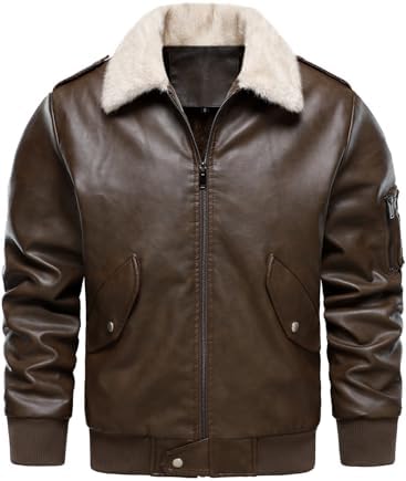 HOOD CREW Mens Faux Leather Aviator Bomber Jacket with Fur Collar Warm Fleece Lined Biker Jackets Vintage Winter Coats