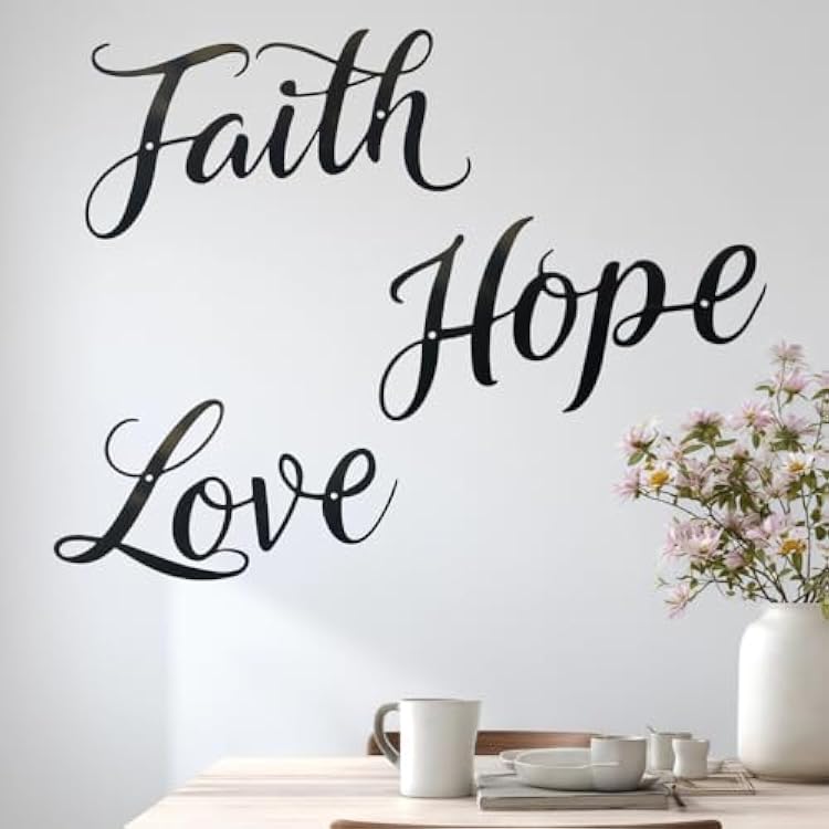 Faith Hope Love Wall Decor - Lylence Hanging Black Metal Family Love Sign Scripture Wall Art For Hoom, Office, Farmhouse, Living Room, Bedroom, Kitchen, Bathroom, Dining Room, Iron Inspirational Word Signs Picture Decorations
