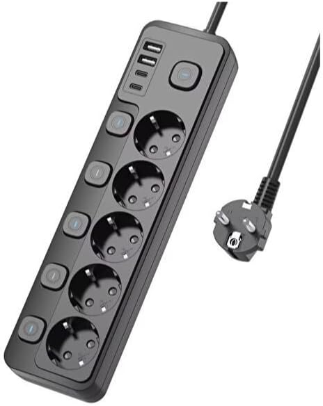 5 Priz + 4 USB (2 Type-C) Akım Korumalı Anahtarlı Uzatma Kablosu - 2 Metre - Enerji Tasarruflu Priz