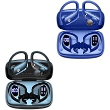bmani 2 Sets Wireless Earbuds Bluetooth Headphones 48hrs Play Back Sport Earphones with LED Display Over-Ear Buds with Earhooks Built-in Mic Headset for Workout Black + Blue