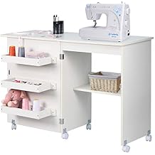 NSdirect Sewing Table, Folding Sewing Craft Cart&Sewing Cabinet Miscellaneous Sewing Kit Art Desk with Storage Shelves and Lockable Casters,White