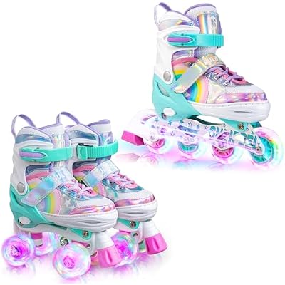 SULIFEEL Rainbow Unicorn 4 Size Adjustable Light up Roller Skates and Inline Skates